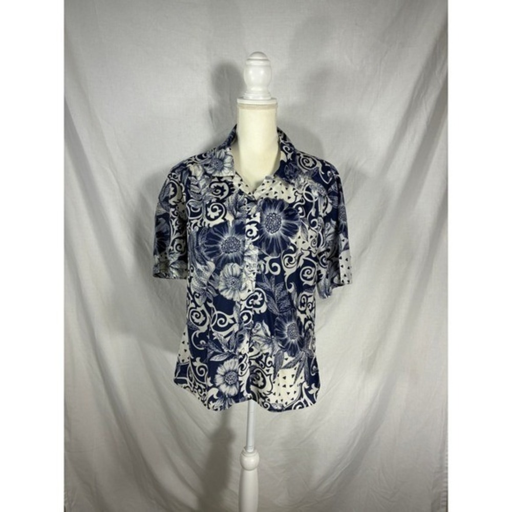 Vintage Pykettes Navy Blue White Floral Scroll Button Up Short Sleeve Shirt